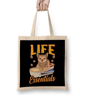 Cute Life Essentials Are Coffee, Books, and Cats Bez Çanta Uzun Saplı