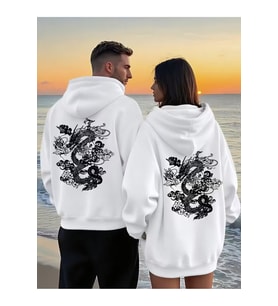 Sevgili Kombini Ejderha Sırt Desenli Kapşonlu Sweatshirt – Oversize 3 İplik Unisex Hoodie (Beyaz)
