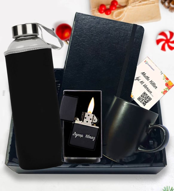 Kişiye Özel Zippo Metal Çakmak & Deri Ajanda & Kupa & Cam Matara Kutulu Hediye Seti