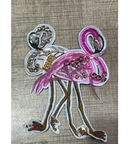 13X10 CM TAŞ PAYET BONCUK İŞLEME FİLAMİNGO PEMBE KUŞ ARMA APLİKE AKSESUAR