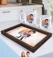 BK Gift Kişiye Özel Evleniyoruz Karikatürlü Doğal Ahşap Tepsi ve 2’li Kupa Bardak Seti-4
