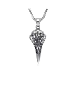Odin Raven Vegvisir Viking İşlemeli Kuzgun Kafatası Gotik Paslanmaz Kararmaz 316L Çelik Erkek Kolye (Gümüş)