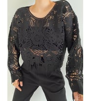 Kadın Siyah Tığ İşi Standart Beden Dantel Bohem Bluz Vintage Bluz (K.Siyah)