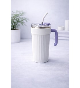 1000 Ml Kulplu Pipetli Çelik Termos Mug Vakumlu Isı Yalıtımlı Büyük Boy Sızdırmaz Bardak (Parlak Beyaz)