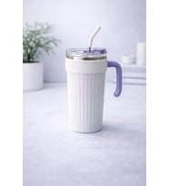 1000 Ml Kulplu Pipetli Çelik Termos Mug Vakumlu Isı Yalıtımlı Büyük Boy Sızdırmaz Bardak (Parlak Beyaz)