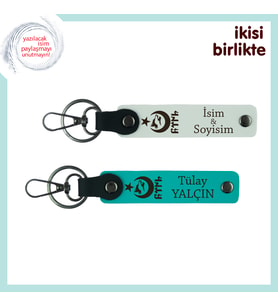 Ayyıldız Kurt Göktürk Desenli Özel Hediye, İsim Yazılabilir 2’li Anahtarlık Set , Beyaz-Turkuaz