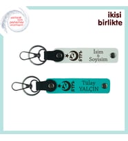 Ayyıldız Kurt Göktürk Desenli Özel Hediye, İsim Yazılabilir 2’li Anahtarlık Set , Beyaz-Turkuaz