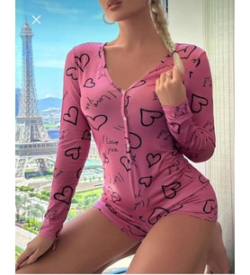 Mulvxbrf Brf02 Pamuklu Pembe Siyah Kalp Desenli Düğmeli Uzun Kol Tulum Pijama (Mulvix)