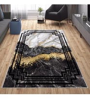 Siyah Mermer Desenli Gold Yıkanabilir Kaymaz Taban Leke Tutmaz Modern Salon Halısı ve Yolluk