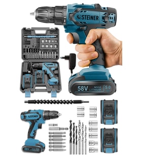 Steiner Germany Technology Kupfer Darbeli 58 V 5 Ah Çift Akülü Vidalama Matkap Mavi + 24 Parça Set