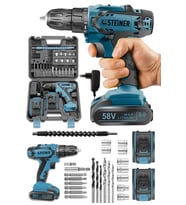 Steiner Germany Technology Kupfer Darbeli 58 V 5 Ah Çift Akülü Vidalama Matkap Mavi + 24 Parça Set