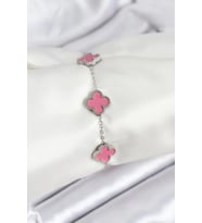 316L Çelik Gümüş Zincir Pembe Renk Yonca Bileklik