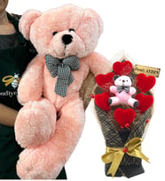 Büyük Boy Peluş 80cm Ayıcık ve İsimli Kırmızı Kalpli Pembe Ayıcık Buketi (Pembe)