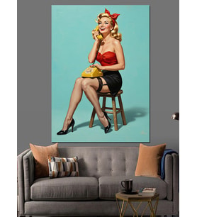 Mavi Elbiseli Oturan Pin-Up Dekoratif Kanvas - Mdf Ahşap Tablo