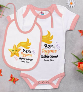 BK Kids Kişiye Özel Beni Teyzeme Götürün Tasarımlı Pembe Bebek Body Zıbın ve Mama Önlüğü Hediye Seti