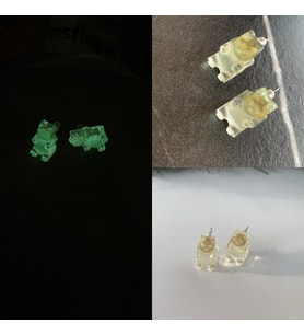 Fosforlu Neon Parlak Yeşil Renk Gümüş Aksesuarlı Küpe Ayıcık Şekil El Yapımı Epoksi