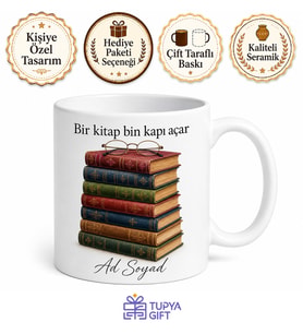 Kitap Yığını Temalı Baskılı Kupa Bardak Hediye Kitap Kurdu Porselen Mug