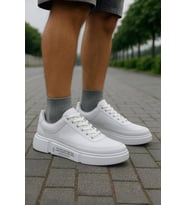 Günlük Erkek Spor Ayakkabı Bağcıklı Dikiş Detaylı Hafif Kalın Yüksek Taban Sneaker MC06 (Beyaz)