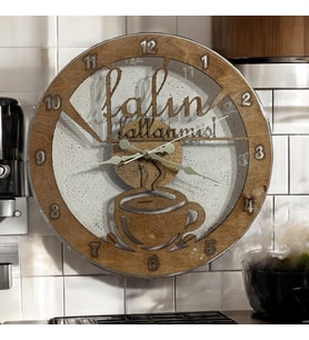 Ahşap Duvar Saati - Türk Kahvesi, Falın Fallanmış Şeffaf - Epoksi Reçine Kaplamalı - 30 cm (Çok Renkli)