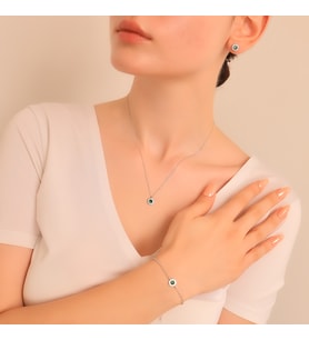 925 Ayar Gümüş Elmas Monturlu Yeşil Yuvarlak Kolye-Bileklik-Küpe Set