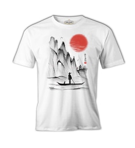 Man on the Boat in Japanese Landscape Beyaz Erkek Tshirt