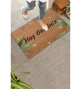 Valerine Life Tropikal Yaprağı ve Beyaz Hatmi Çiçeği Hoş Geldiniz Kapı Önü Paspası 45x70cm