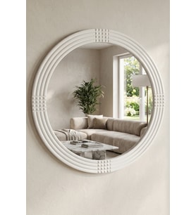 Safir Ahşap Beyaz Dekoratif Ayna Yuvarlak Ayna Işlemeli Duvar Aynası Tekli - 43 Cm