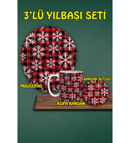 Yılbaşı Temalı 3'lü Bilek Destekli Mousepad Kupa Ve Bardak Altlığı Seti