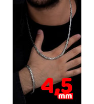 Erkek Gümüş Kolye Bileklik Set - Yassı Ezme Kral Gümüş Bileklik Set