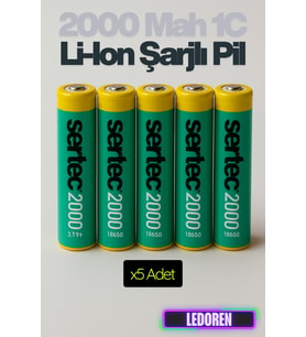 18650 3.7V 2000 Mah 1C Li-Ion Şarjlı Pil Şarj Edilebilir - 5 Adet