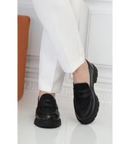 Siyah Hakiki Deri Kadın Loafer Ayakkabı 