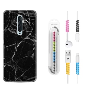 Oppo Reno 2Z 4 Lite 4 Pro 5 6 7 A31 Kılıf Kablo Koruma Spiral Silikon Fragile Black Mermer 1378
