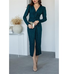 Neşeli butik kadın büzgü detaylı simli gece elbisesi NBMY3633 (Yeşil)