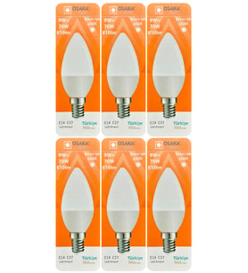 (6 Adet) Osaka 9W (70W) Beyaz Işık (6500K) E14 Duylu (İnce Duy) Led Mum Ampul