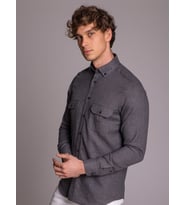 Koyu Gri Erkek Slim Fit Pamuklu Brent Düğmeli Yaka Uzun Kol Gömlek - 48457