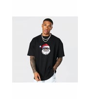 Yılbaşı Gözlüklü Noel Baba Baskılı Kısa Kollu Oversize Bisiklet Yaka T-shirt - Siyah
