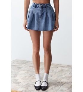 Moda Denim Düz Desen Günlük Mini Boy Pileli Düşük Bel Mini Denim Etek