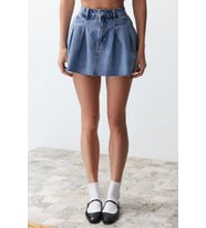 Moda Denim Düz Desen Günlük Mini Boy Pileli Düşük Bel Mini Denim Etek