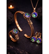 Kadın Bakır Bileklik Yüzük Küpe Kolye Takım Seti Doğal Mistik Topaz Yuvarlak Model Bakır Set