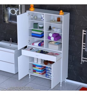 Modilayn AFRA 90x173x32,5 cm 1 Çekmece 3 Kapak 7 Raf 10 Bölme Çok Amaçlı Banyo & Mutfak Dolabı (B.Beyaz)