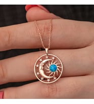 Gümüş Rose Opal Mavi Taşlı Ay Güneş Kadın Kolye
