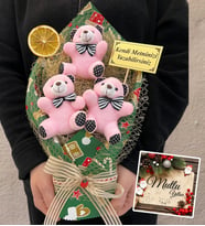 Yılbaşı Hediyesi Buket Size Özel Tasarım Büyük Boy Pembe Peluş Ayıcık Buketi (Yeşil)