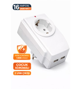 16 Amper 3680 Watt Tekli Akım Korumalı Priz 2 USB Çıkışlı Çocuk Korumalı 1400 Joule (Beyaz)