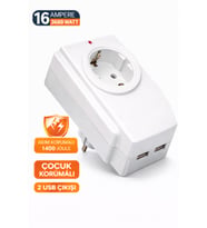 16 Amper 3680 Watt Tekli Akım Korumalı Priz 2 USB Çıkışlı Çocuk Korumalı 1400 Joule (Beyaz)