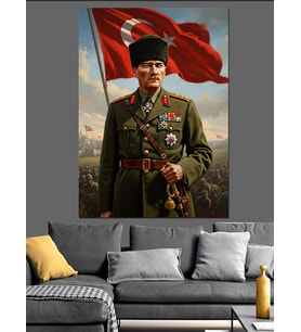 Atatürk Türk Bayrağı Altında Üniformalı Dekoratif Kanvas - Mdf Ahşap Tablo