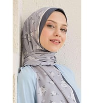 Narcis Çiçek Desenli Twill Şal Gri
