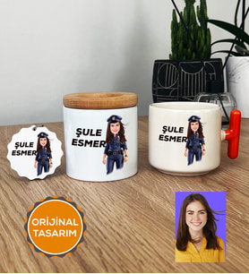 Kişiye Özel Karikatürlü Polis Hediye Seti T Kupa, Kalemlik, Anahtarlık Kadın Polise Polisler Günü Hediyesi (Turuncu)