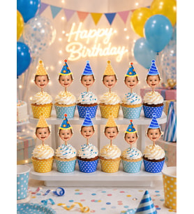 Pamuğum Atelier Kişiye Özel Fotoğraflı Şapkalı Cupcake Süsü Yetişkin veya Bebek Doğum Günü Pasta Süsü (6-12-18-24-30 Adet)