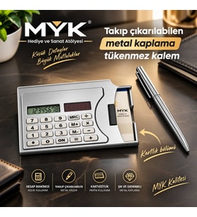 Metal Kaplama Hesap Makineli Kartvizitlik ve Takıp Çıkarılabilir Tükenmez Kalem Seti