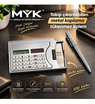 Metal Kaplama Hesap Makineli Kartvizitlik ve Takıp Çıkarılabilir Tükenmez Kalem Seti